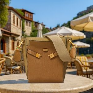 NEW Tory Burch Lee Radziwill Tiger’s Eye Tan Pebbled Leather Bucket Tote Bag